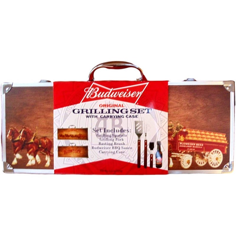 Budweiser Grilling Set with Wood Carrying Case, 5 pc - Premium BBQ Tools, Stainless Steel, Aluminum, BPA-free, Rustproof, Dishwasher Safe